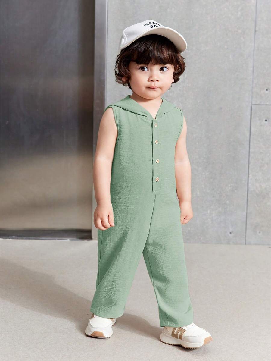 Baby Sleeveless Hooded Jumpsuit Set, Green Summer Solid Color Casual All-Match For Indoor/Outdoor - Green - View 1