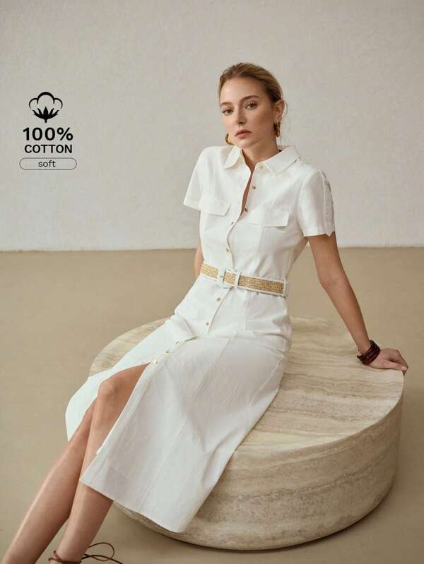 MOTF PREMIUM WOMEN LINEN TURNDOWN COLLAR SHORT SLEEVE SHIRT DRESS