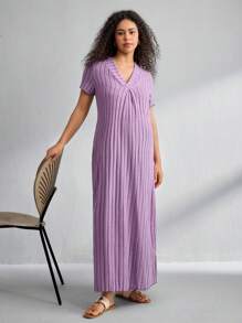 BloomMama V-Neck Solid Color Ribbed Dress For Pregnant Women - Purple - View 1