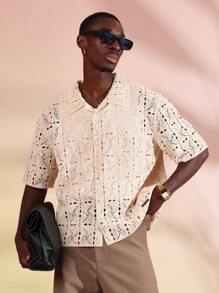 SUMWON Summer Resort Crochet Texture Cuban Collar Button Down Short Sleeve Shirt Oversized Beach Vacation Holiday Party Loungewear - Apricot - View 1