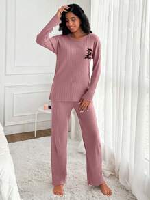 SHEIN Cottnline Letter Pattern Drop Shoulder Ribbed Knit Home Wear Set - Redwood - View 5