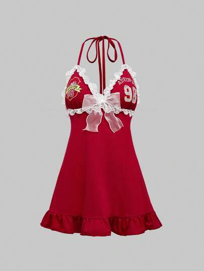 ROMWE Avant Robe mini à dos ouvert pour femmes avec bordure en dentelle et broderie de lettre, style avant-gardiste rétro et sexy