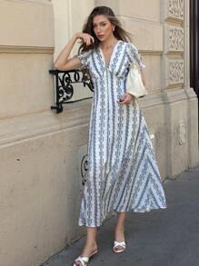 Pariaura Vestido vintage con cuello en V, estampado y manga abullonada, con cintura definida, para primavera/verano - Azul y blanco - Ver 5