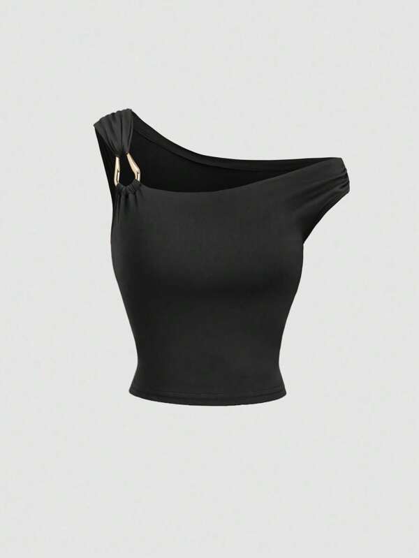 Sweetra Asymmetric Collar Fitted Versatile Sleeveless Top, Spring/Summer