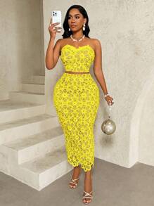 BamGleam 白色镂空水溶性魔术贴露肩上衣 - 黃色 - 查看 5