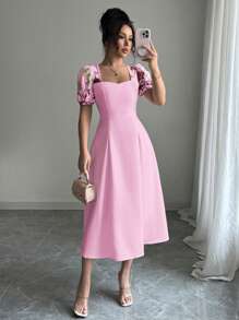 Elenzga Vestido de mujer con cuello cuadrado, mangas abullonadas, bordado y cintura plisada