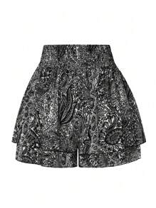 SHEIN LUNE Plus Size Women Botanical Print Drawstring Waist Shorts - Black - View 2