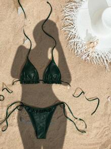 SHEIN Swim 2 件套女士纯色褶皱三角挂脖比基尼套装，荷叶边下摆，优雅精致的泳衣 - 墨綠色 - 查看 2