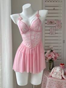 PetitDoll 1pc Women Contrast Lace Sexy Camisole Slip Babydoll Dress And G-String Set