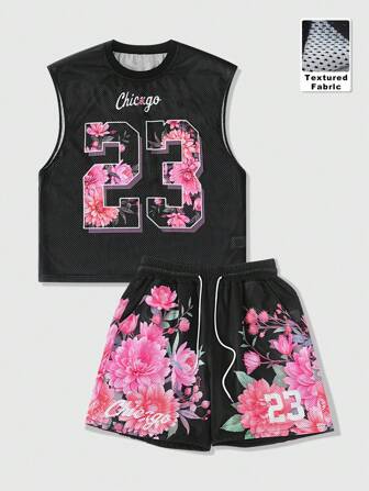 Street Life Men's Casual Floral &Number Print Tank Top And Shorts Set, Summer