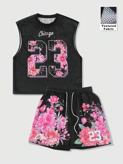 Street Life Men's Casual Floral &Number Print Tank Top And Shorts Set, Summer