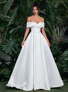 Glamrae Elegant White Satin Simple & Generous Off Shoulder Neckline Luxurious Pearl Rhinestone Decor Cinched Waist Flared A-Line Hem Adjustable Back Tie Trailing Bridal Wedding Dress, Bride - White - View 6