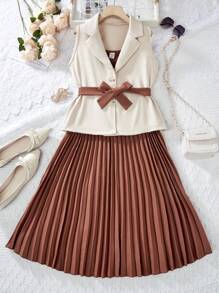 SHEIN 1 套少女优雅通勤杏色背心和褶皱连衣裙，2 件套服装，适合正式场合或工作 - 摩卡棕 - 查看 3