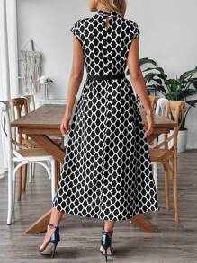 SHEIN Clasi Women's Geometric Print Small Stand Collar A-Line Sleeveless Midi Elegant Casual Commuter Dress