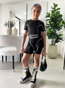 SHEIN Ensemble de 2 pièces de survêtement pour jeune fille incluant un Top en tricot à coutures contrastées col rond et un short avec imprimé lettrage à la taille - Noir - Voir 4