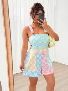SHEIN MOOSTA Plus Size Women Cute Colorful Daisy Jumpsuits