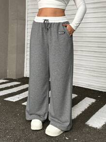 Muchica Plus Size Women Letter Print Drawstring Waist Pocketed Loose Fit Sweatpants, Dark Grey Graduation,Back To School Outfits,Graduation,Teacher Outfits For Women,Back To School Baggy Sweatpants Comfy Pants - Dark Grey - View 5