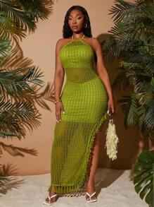 SHEIN SXY Plus Size Women's Spring&Summer Elegant Sexy Daily Basic Boho Colorful Crochet Wavy Pattern High Split Dress, Halter Backless Tassel Hem Vacation Dress,Summer Dresses For Women Green Mesh Maxi Dress Lime Green Maxi Dress Tassel Maxi Dress,Suitable For Everyday Wear,BOHO,Bohemian,Outing,Resort,Beach Vacation,Holiday,Seaside,Western Wear,Music Festival,Concert,Carnival Party,Richly Layered,Date Night,Ibiza,Nashville,Break,Modest,Chic,Club,Cute,Casul,Shopping, Streetwear,Going Out - Green - View 8