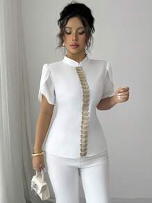 Selianne Women's Stand Collar Shirt With Gold Lace Panel