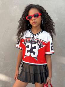 Coolane Kids Tween Girl Fall Jersey T-Shirt Spring/Summer Streetwear Graphics Red V-Neck Crop Tees Jersey Crop Tops, Red Top, School,Back To School,Homecoming - Black - View 2