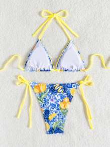 SHEIN 2pcs Women's Lemon Random Print Ruffle Trim Halter Tie-Back Triangle Top And Tie Side Low-Rise Bikini Bottoms Set, Vacation - Multicolor - View 2