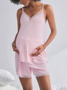 BloomMama 孕妇蕾丝睡衣套装两件装，家居服时尚睡衣 - 粉色 - 查看 4