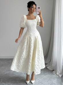 Chiquease Damen Strukturiertes Puffärmel Kleid in knöchellanger Länge