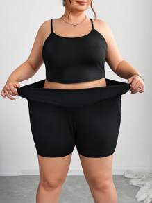 SHEIN CURVE+ 大码女式三件套休闲套装，包含条纹衬衫、黑色吊带背心和短裤，适合健身、运动、度假、教师/毕业生装束，极简主义风格女士海滩装/沙滩裙/海滩度假装束/海滩必备品/毕业/茶会礼服，商务休闲女装/图案 T 恤 - 彩色 - 查看 3