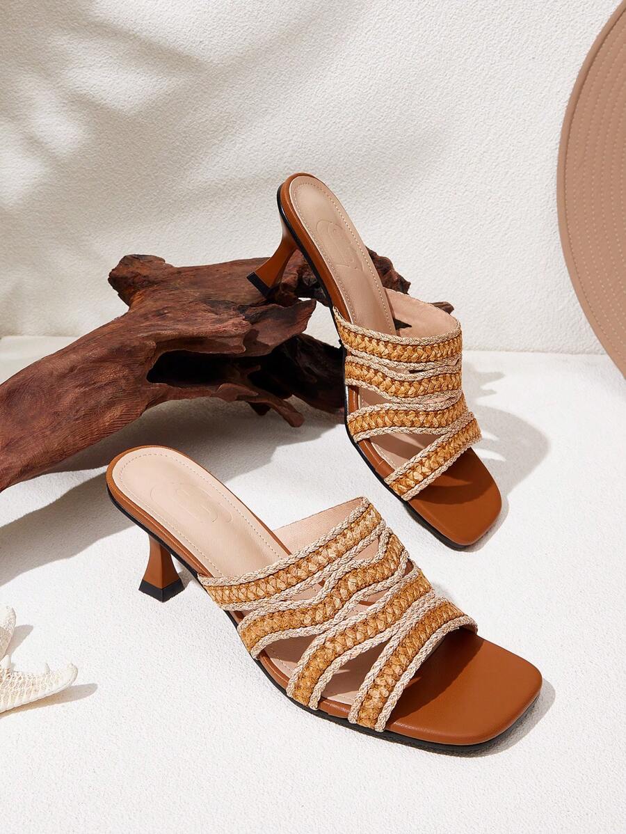 Styleloop Glitter Rhinestone Embellished Square Toe High Heel Sandals, Sexy Dress Party Pumps, Gold - Brown - View 1