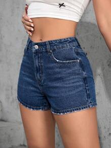 SHEIN EZwear 女式深蓝色带口袋牛仔短裤，夏季 - 藍色 - 查看 5