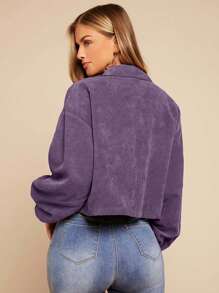 SHEIN LUNE Women's Solid Color Dropped Shoulder Long Sleeve Single-Breasted Cargo Pocket Casual Jacket, Fall - Dusty Purple - View 6