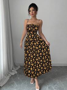 Elenzga Elegant Bohemian Vacation Ruched Tie-Up Bow White Bottom Blue Floral Pattern Midi Dress For Women - Black and Yellow - View 6