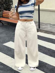 SHEIN ICON Plus Size Women's Daily Wear Wide Leg Jeans, Suitable For All Seasons