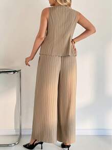 Auralis Ținute vintage de vară pentru profesoare, mărimi mari, casual, elegante, pentru navetiști, casual, pentru serviciu, haine de lucru, haine de birou, ținute de biserică, ținute de aeroport, ținute elegante, ținute de lucru, seturi de lenjerie pentru femei, set de două piese, vestă cu dungi, top cu nasturi și pantaloni largi. - Multicolor - Vizualizare 2