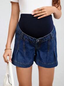 SHEIN Short vaquero casual con pliegues de embarazo de color azul oscuro