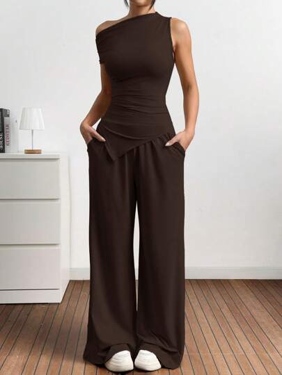 SHEIN EZwear 2pcs/Set Women Solid Color Knit Sleeveless Asymmetrical Shoulder Slim Fit Top And Long Pants Set, Summer Brown