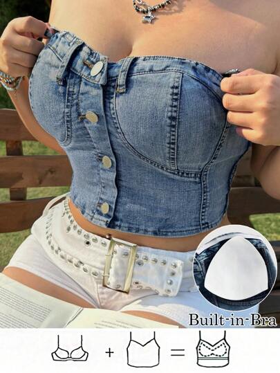 SHEIN MOD Plus Size Denim Tube Top, Casual Fitted Stretch With Padding Denim Tube Top Built In Bra Denim Top Denim Top