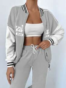 EURMUSE 2pcs Women's Zip Up Hoodie And Sweatpants Tracksuit Set With Color Block Design - Light Grey - View 4