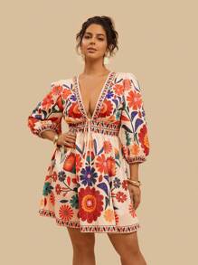 Travachic Vestido Floral Boêmio de Plus Size, Casual, de Férias, com Manga Lanterna