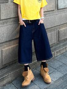 PAVTROS 男士卡通印花宽松口袋牛仔短裤 - 藍色 - 查看 4