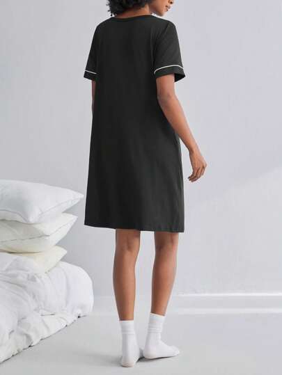 BloomMama Maternity Short Sleeve Nursing Nightgown Button, Loungewear Sleepwear Pajama Dress Sleep Shirt view 2