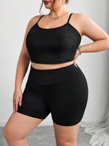 SHEIN CURVE+ 大码女式三件套休闲套装，包含条纹衬衫、黑色吊带背心和短裤，适合健身、运动、度假、教师/毕业生装束，极简主义风格女士海滩装/沙滩裙/海滩度假装束/海滩必备品/毕业/茶会礼服，商务休闲女装/图案 T 恤 - 彩色 - 查看 4