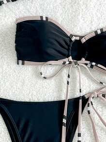 SHEIN Swim 3pcs/Set Women Bikini Swimsuit, Minimalist Striped Print Tie Front Bandeau Backless Design For Summer Beach Vacation - Multicolor - View 4