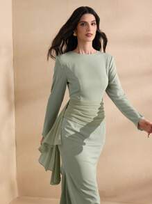 Graceveil Crew Neck Chiffon Patchwork Fitted Ruffled Hem Dress For Women Fall Cloth For Women - Green - View 1