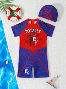 SHEIN GraphicGems Young BoySpider Design Beach Swimsuit For Summer - Red - View 6