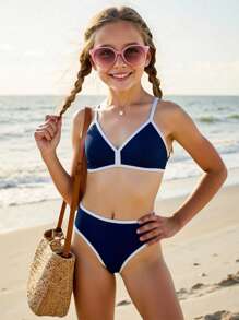 SHEIN Tween Girls' Casual Beach Vacation Vintage Color Contrast Criss-Cross Strap Bikini Set, Navy Blue - Royal Blue - View 1