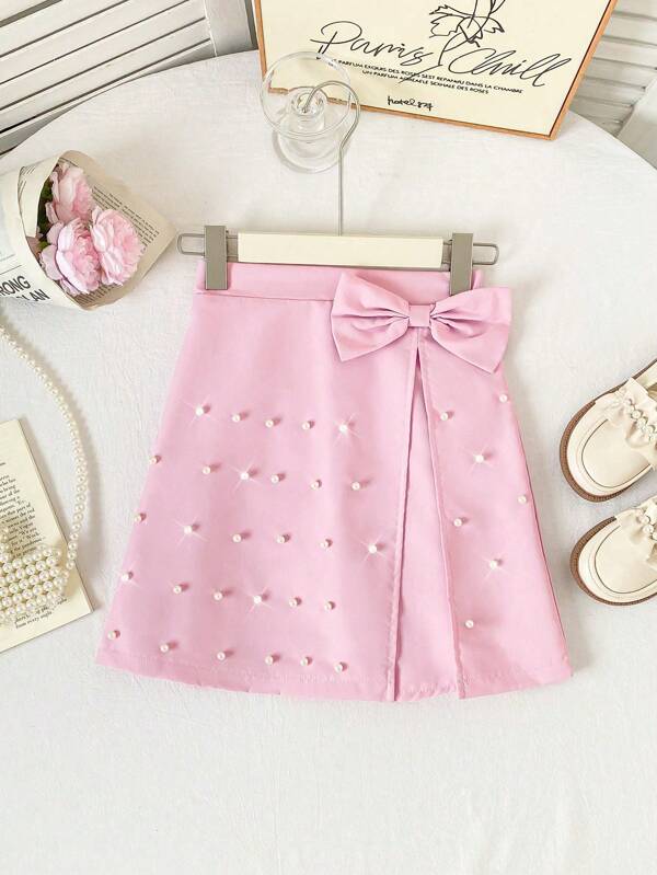 SHEIN Tween Girl Beaded Bow Decor High Waist Slit Mini Skirt