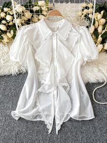 SHEIN Clasi 大码夏季蕾丝拼布高端时尚设计通勤纯色泡泡袖宽松衬衫 - 白色 - 查看 4