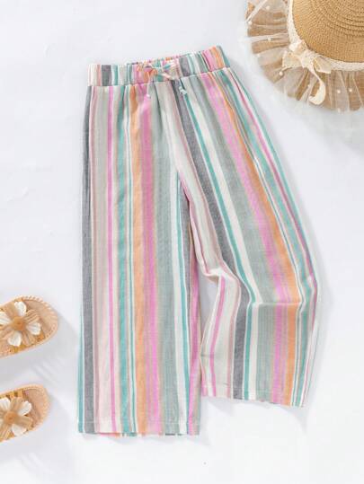 New Girls Striped Print Loose Casual Wide Leg Pants, Suitable For Beach Vacation And Daily Wear