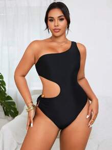 Swim Vcay Plus Size Women Solid Color One Shoulder Vacation One Piece Swimsuit For Summer - Black - View 6